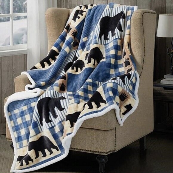 Unbranded Other - New Black Bear Plaid Flannel Luxury Sherpa Gift Fleece Throw Blanket Cabin Decor